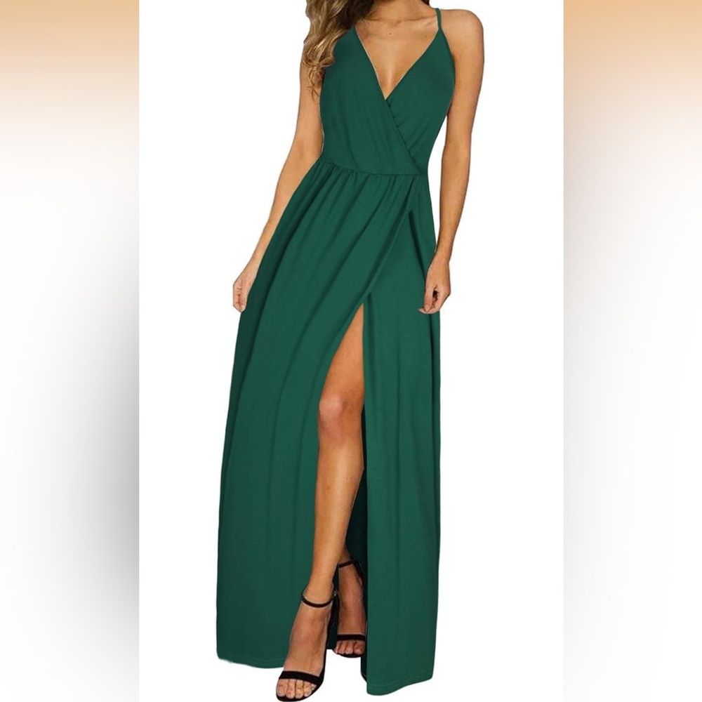 Dark green cross back long dress with slit, medium.